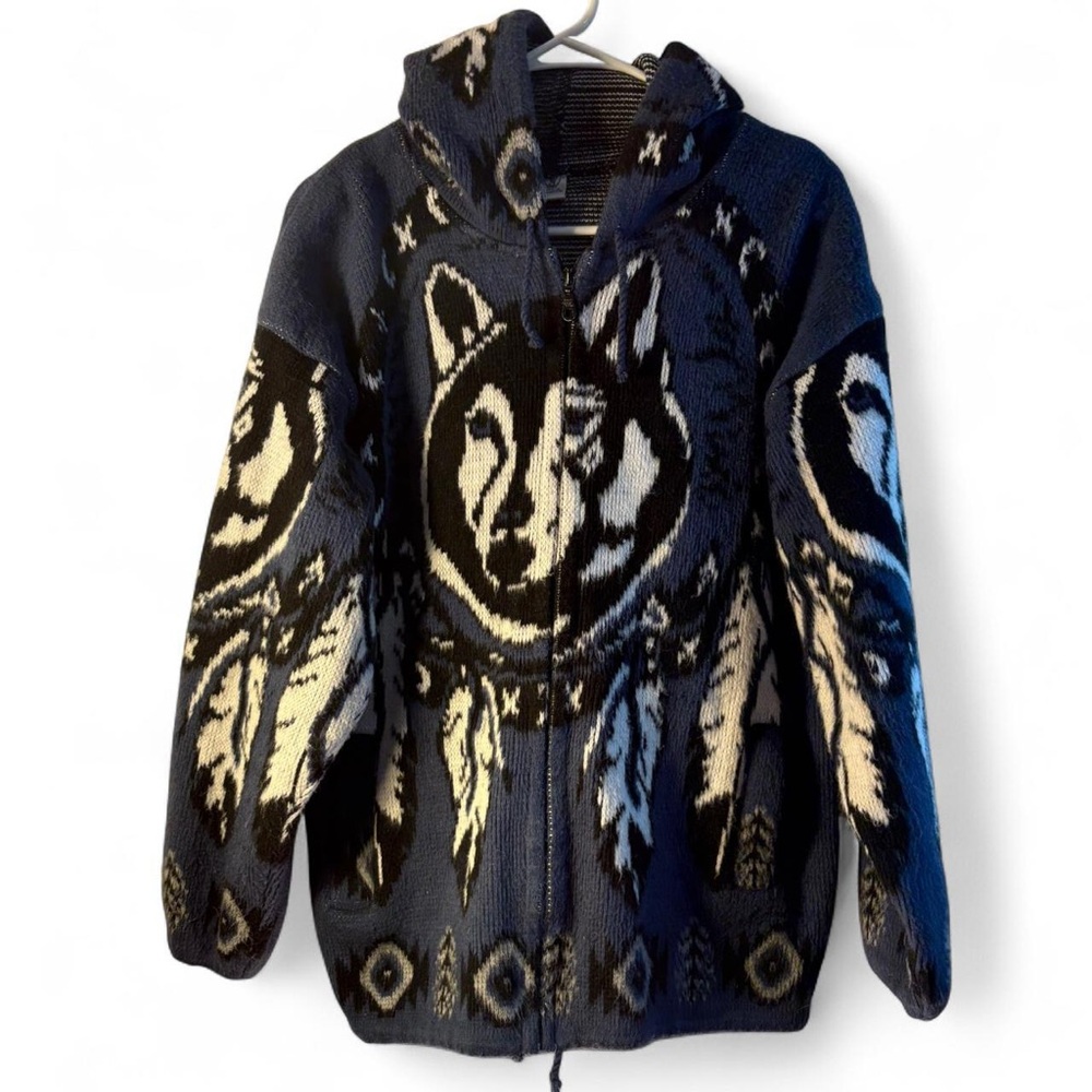 Men's Blue and White Patterned Wool Jacket